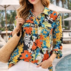 Multiples Tropical Floral Button-Down Bold 90s inspired Shirt sz Small